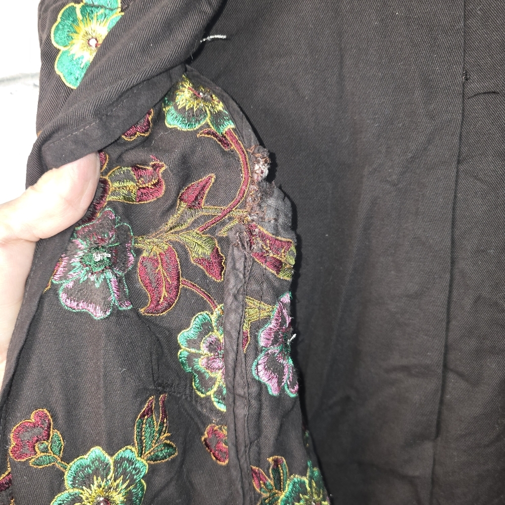 JOHNNY WAS CHOCOLATE BROWN FLORAL EMBROIDERED TRENCH COAT WOMENS XS - Picture 8 of 9